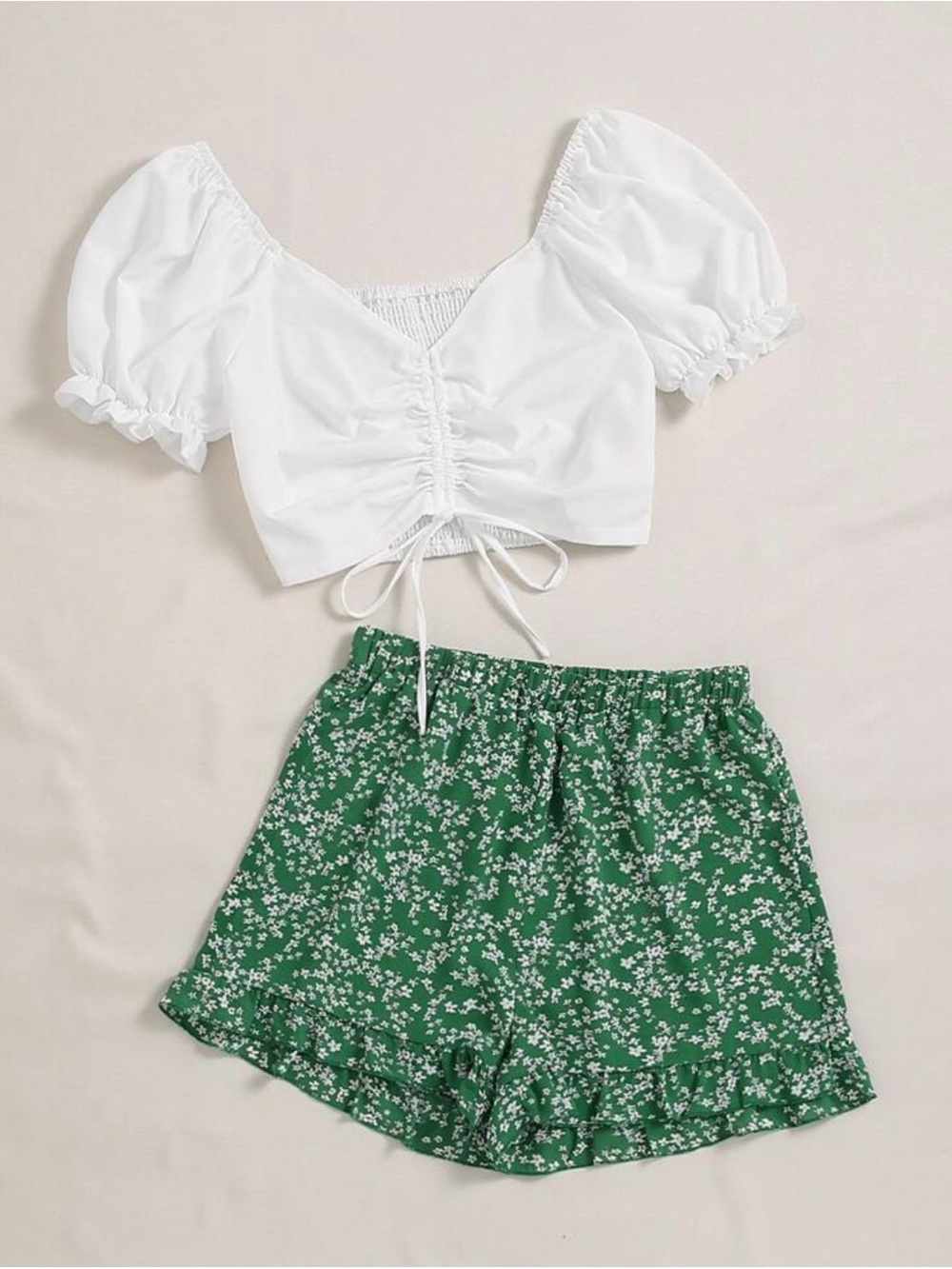 Puff Sleeve Shirred Drawstring Front Top & Ditsy Floral Ruffle Hem Shorts Sz 2 - Picture 2 of 8